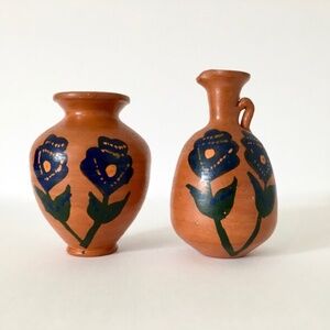 Pair of Small Clay Pots Bohemian Flower Design Vase and Pitcher Israel